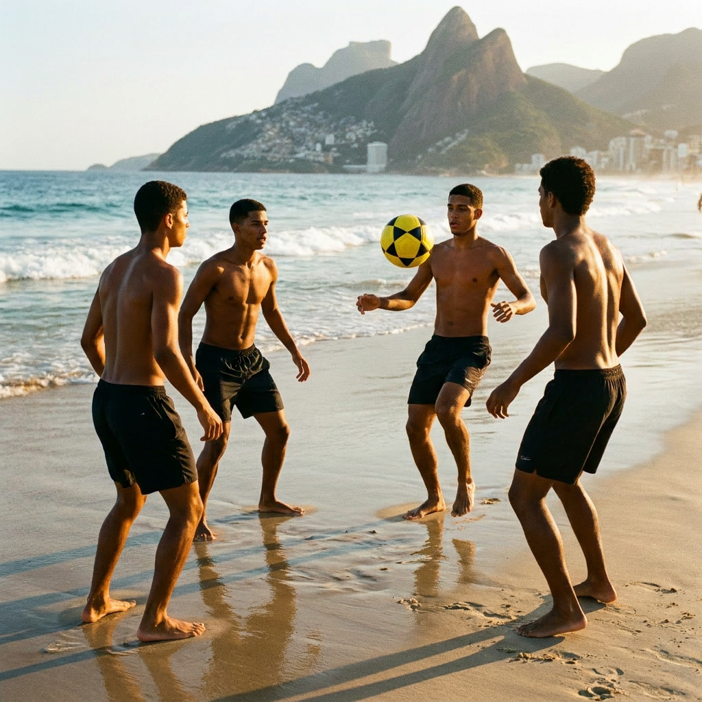 Friends playing altinha barefoot on the beach with FlowBall